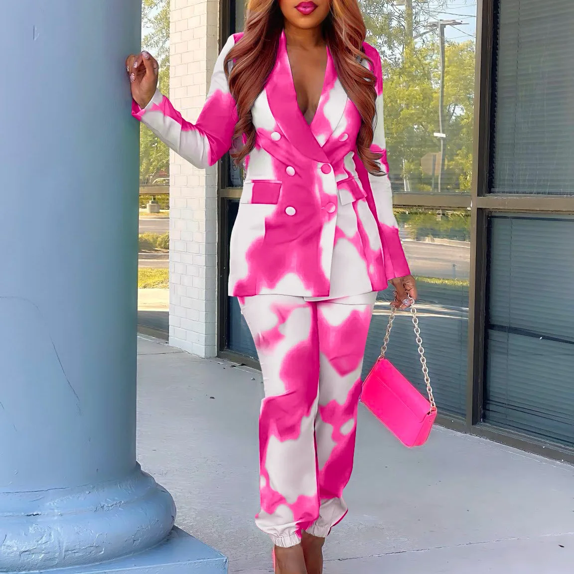 

Elegant Spring Autumn Two 2 Piece Print Set for Women Outfits Long Sleeve Blazers Coats and Pencil Pants Suit Tracksuit