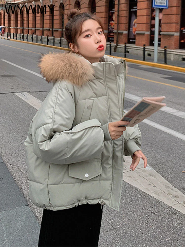 Warm Hooded Winter Jacket Women Parkas Loose Short Big Furry Collar Down Jacket Casual Winter Coats Female Solid Color Overcoats