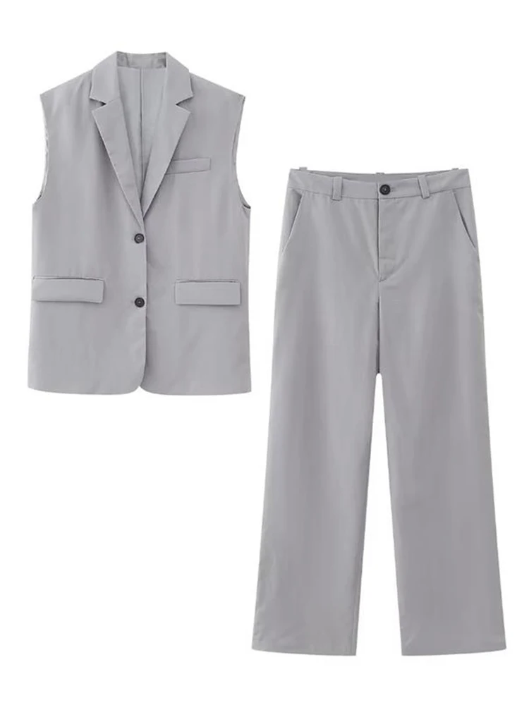 

TRAF Fashion Women Solid Vest Pant Sets 2023 Summer New Office Ladies High Street Lapel Sleeveless Pocket Vest+ Flare Long Pant