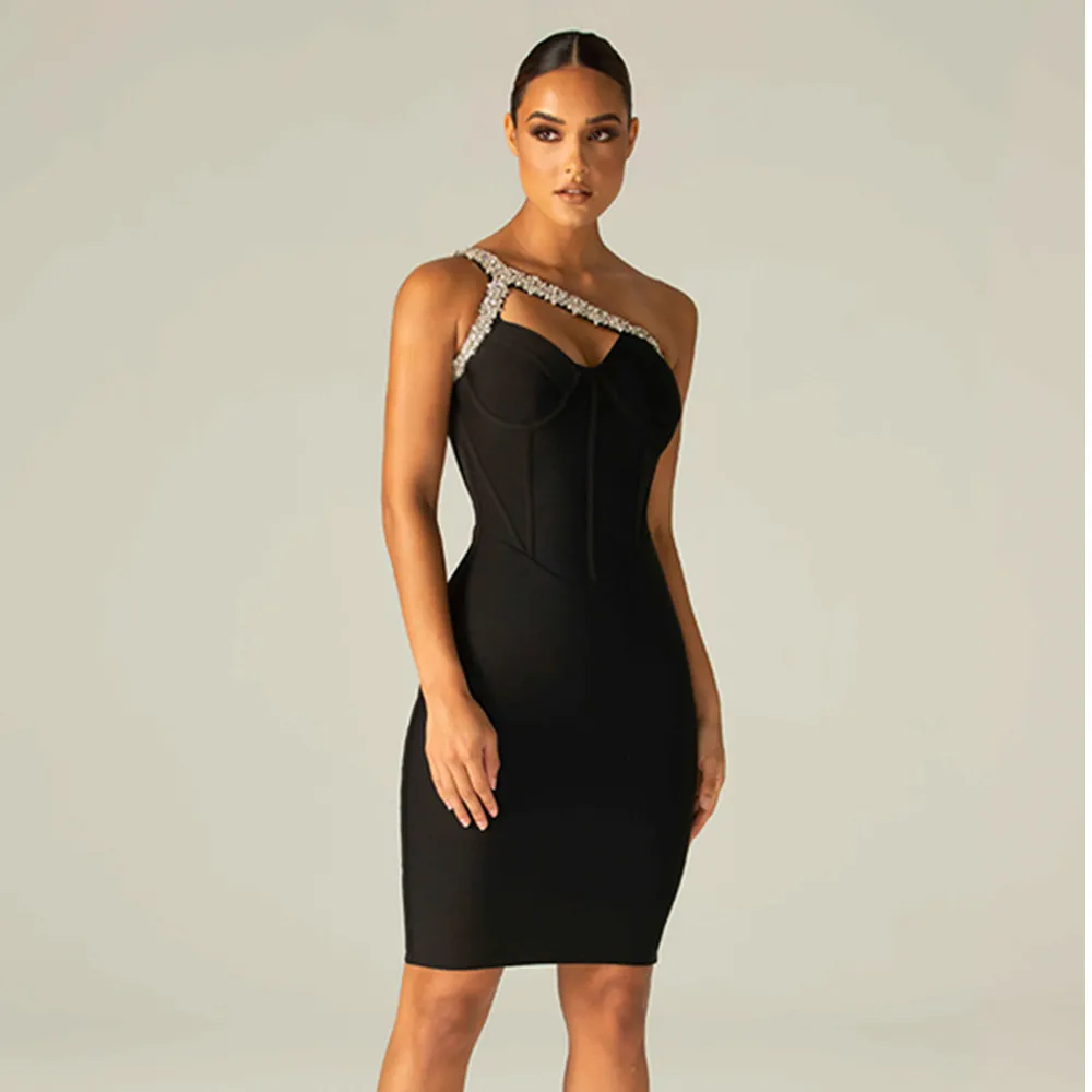 

New Women Sexy Designer Beading One Shoulder Black Bandage Dress Ladies Elegant Party Dress Vestido
