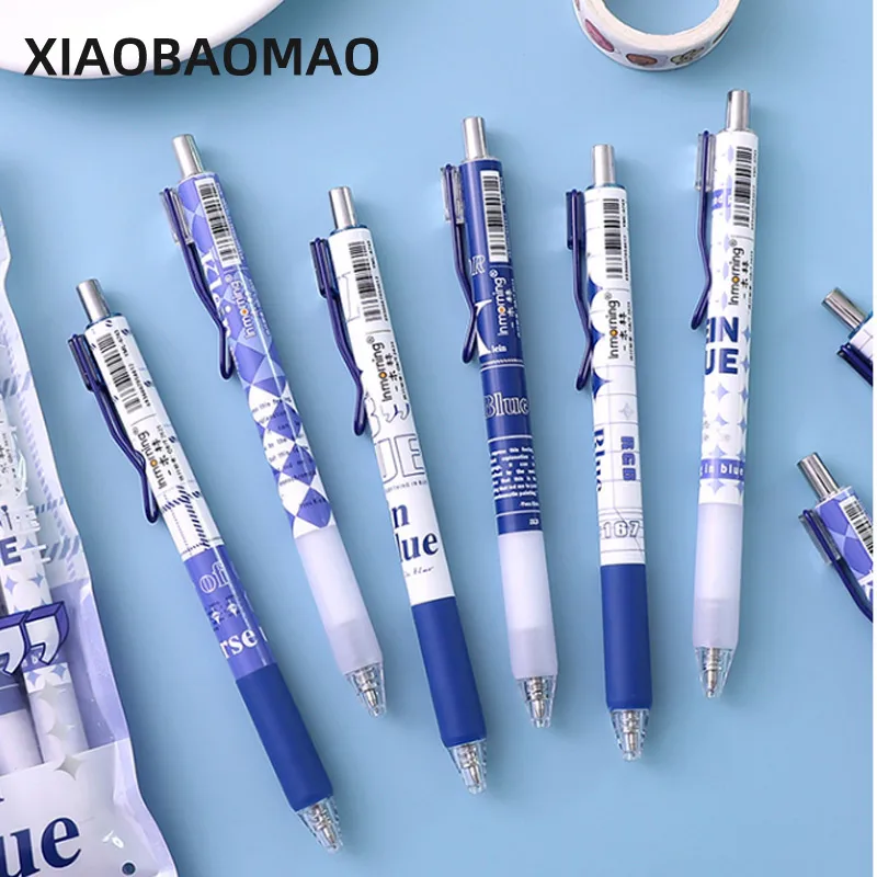 6PCS 0.5mm blue Pattern Series Press Gel Pen Writing Pen Signature Black Ink Office School Stationery Supply