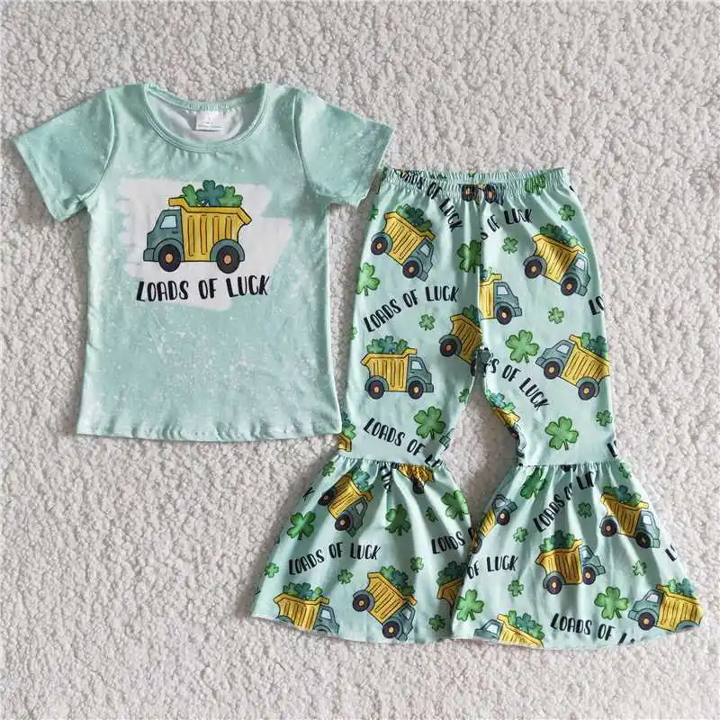 

Spring St. Patrick's Day Toddler boutique Kids Outfit Baby Girl Green Car Top Clothes Clover Bells Pants Wholesale Children Set