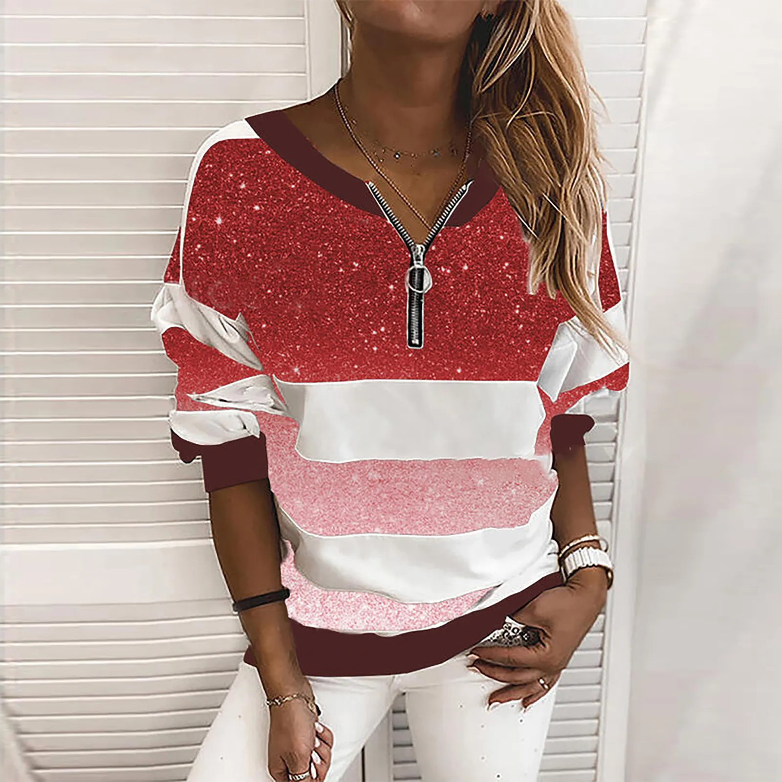 Striped Digital Printing Sweatshirts Women Loose Zipper V-neck Pullovers Tops Autumn Winter Ladies Long Sleeve Casual T-shirts