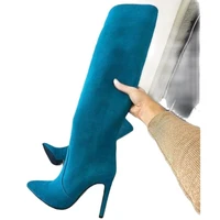 solid blue suede knee high boots stiletto thin high heel sexy pointed toe fashion women boots high heel dress boots
