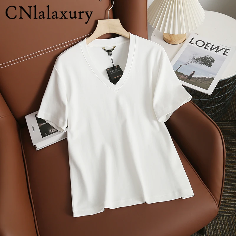 

CNlalaxury 2023 Summer T-Shirts Women Fashion Cotton Casual White T Shirt Female Basic V Neck Short Sleeve Chic Tee Tops