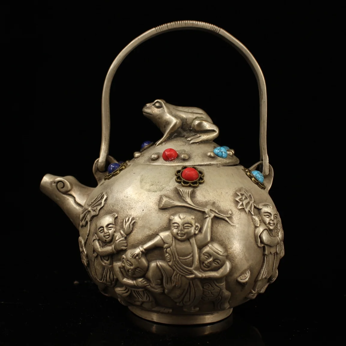 

5" Tibetan Temple Collection Old Bronze Gilt Silver Gem Jinchan boy childlike kettle flagon teapot ornament Town house Exorcism