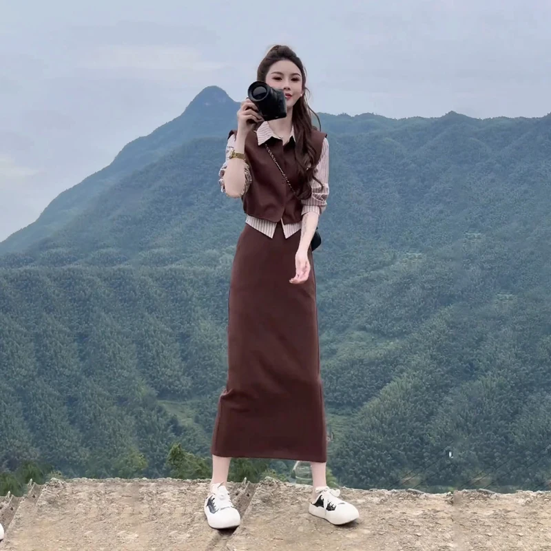 A Complete Set of Shirts and Vests with Skirts for Early Winter Korean Style Outfits Autumn Age-Reducing Small Fragra