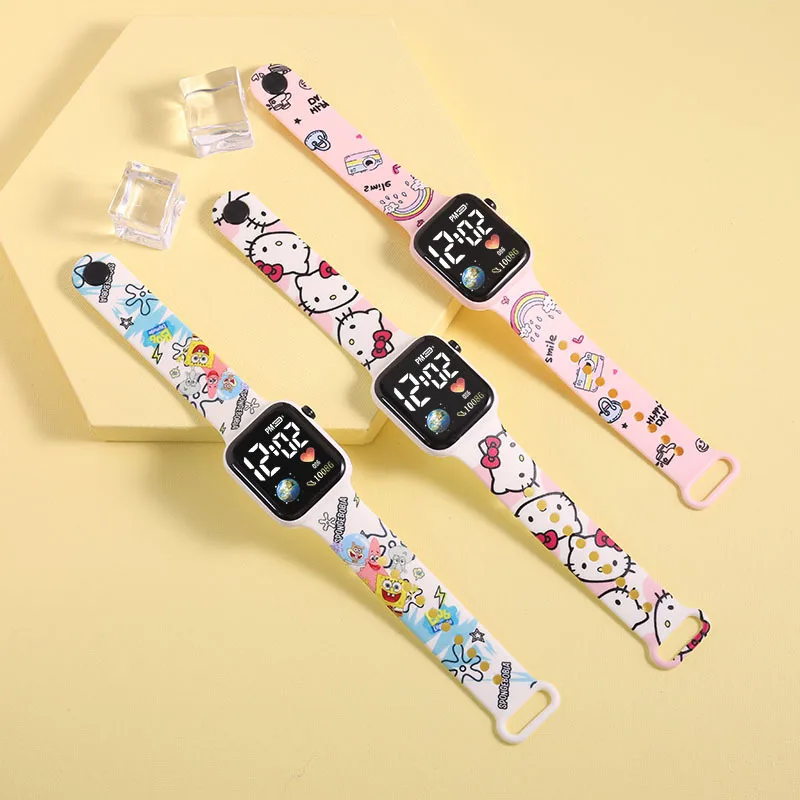 Hello Kitty Cartoon Printed Button Led Electric Watch Adolescente Fashion Personality Stitch Printed Square Electronic Watch