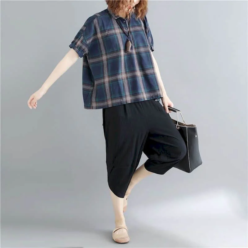 Рубашки из хлопка и льна для женщин винтажный клетчатый пуловер с рукавом до