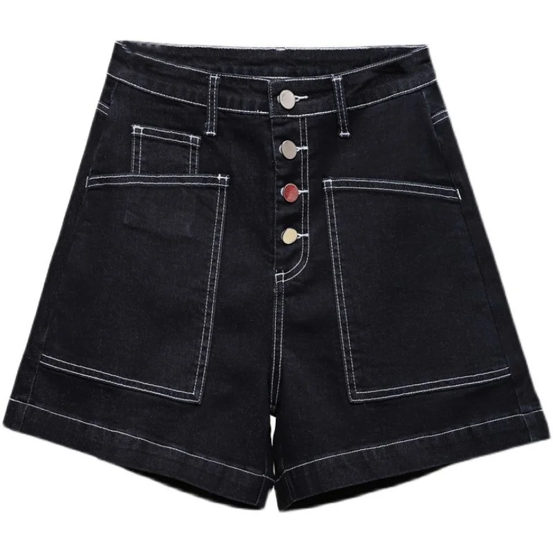 

Oversize Elastic Denim Wide Leg Shorts Female 2022 Summer Fashion Button High Waist A-line Black Shorts Stretchable