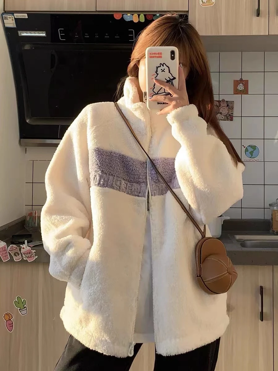 

winter Women Hoodies Velvet Patchwork Zip-up Long Sleeve Lambswool Oversized fleece coats Casual Korean Warm white sweatshirt
