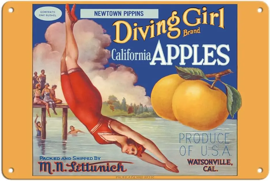 Pacifica Island Art California Apples — Pippins Newtown Бренд Diving Girl Винтажный ящик с фруктами этикетка