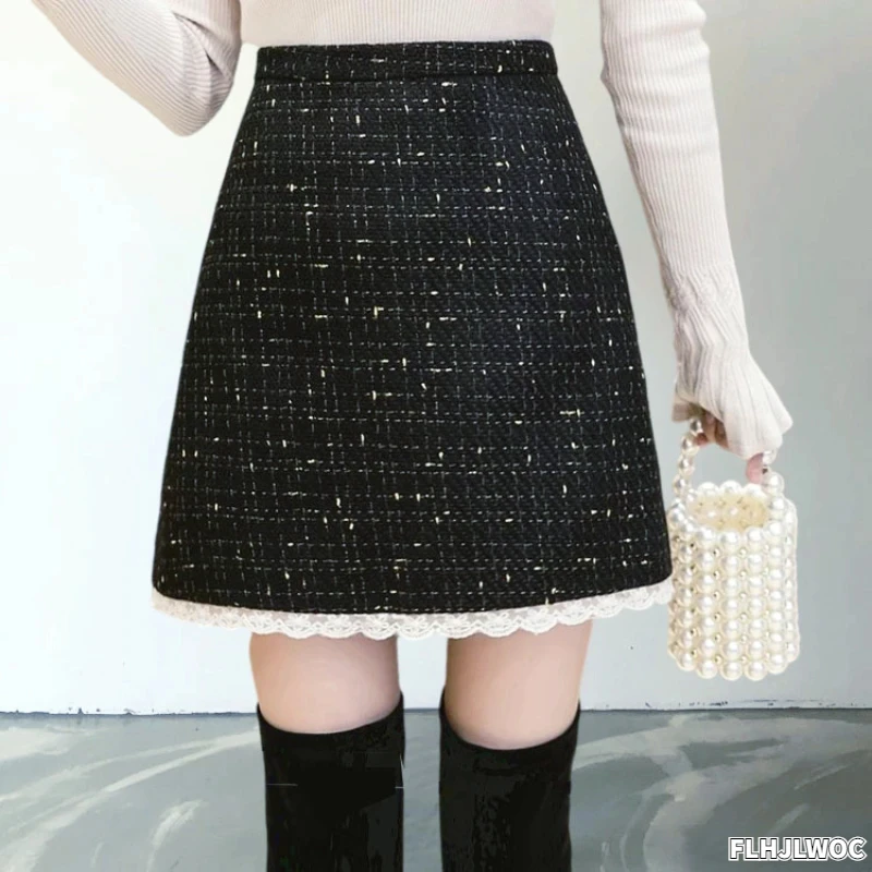 

New Year Hot Sales Woman Black Skirts FLHJLWOC Design Ruffles White Lace High Waist One-Step Woolen Cloth Cute Mini Skirt