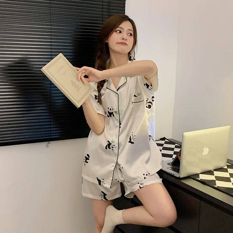 Ice Silk Pajamas Ladies New Summer Cardigan Short Sleeve Shorts Cute Panda Can Outerwear Homewear Suit