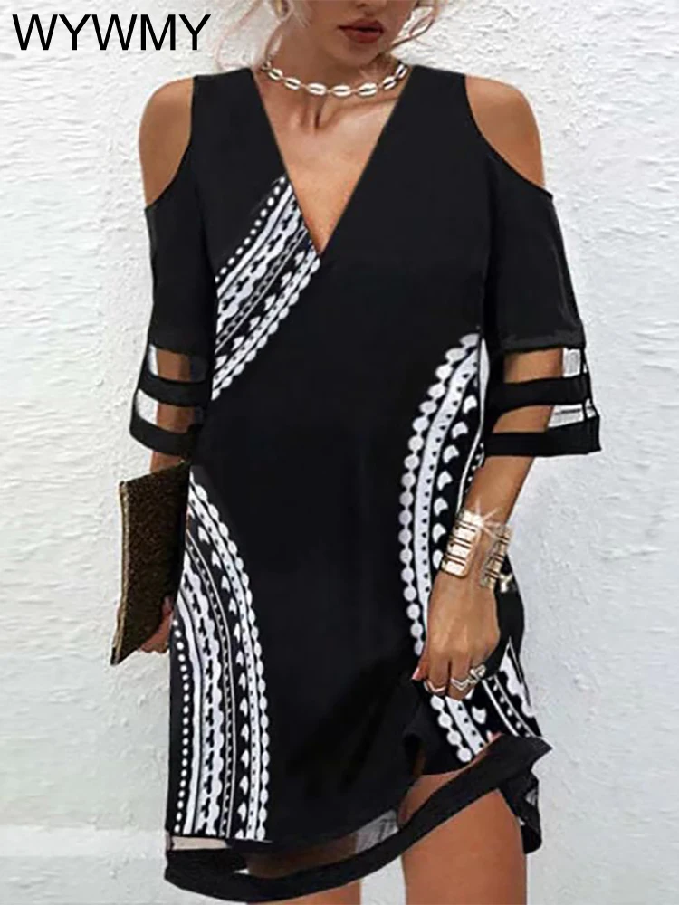 

WYWMY Summer Women Dress V Neck Short Sleeve Lace Mesh Patchwork Casual Loose Beach Dress Floral Print Mini Dress