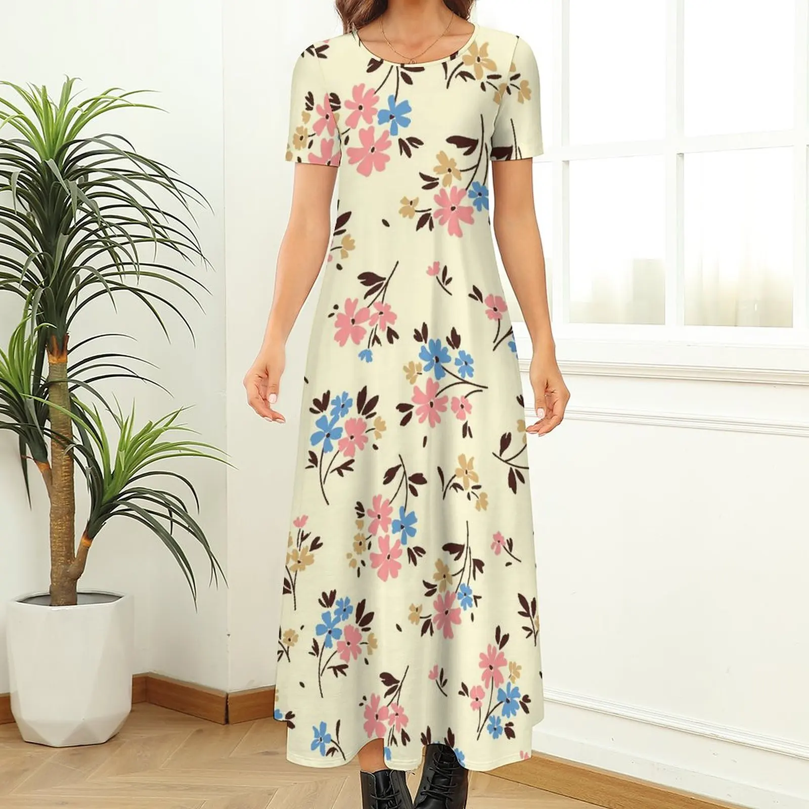 

Custom Round Neck Women's Short Sleeve Printing Floral Long Dress 2023 Summer Grace Sweet Clothing Birthday Party Outfits
