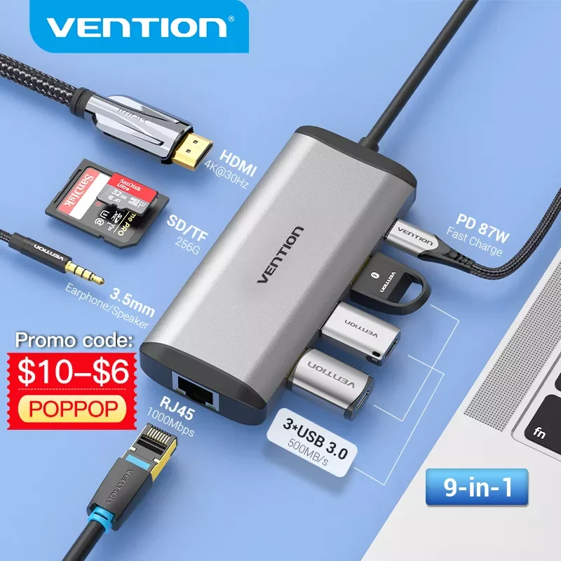 

Док-станция Vention с USB Type-C на USB 3,0, HDMI, RJ45, 4K