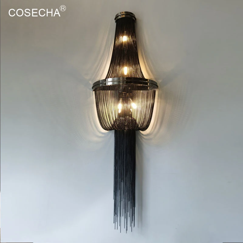 

Large Fringe Wall Lamp Led Black Tassel Wall Sconce Big Aluminum Chain Wall Lighting In Living Room Staircase Restaurant Bar