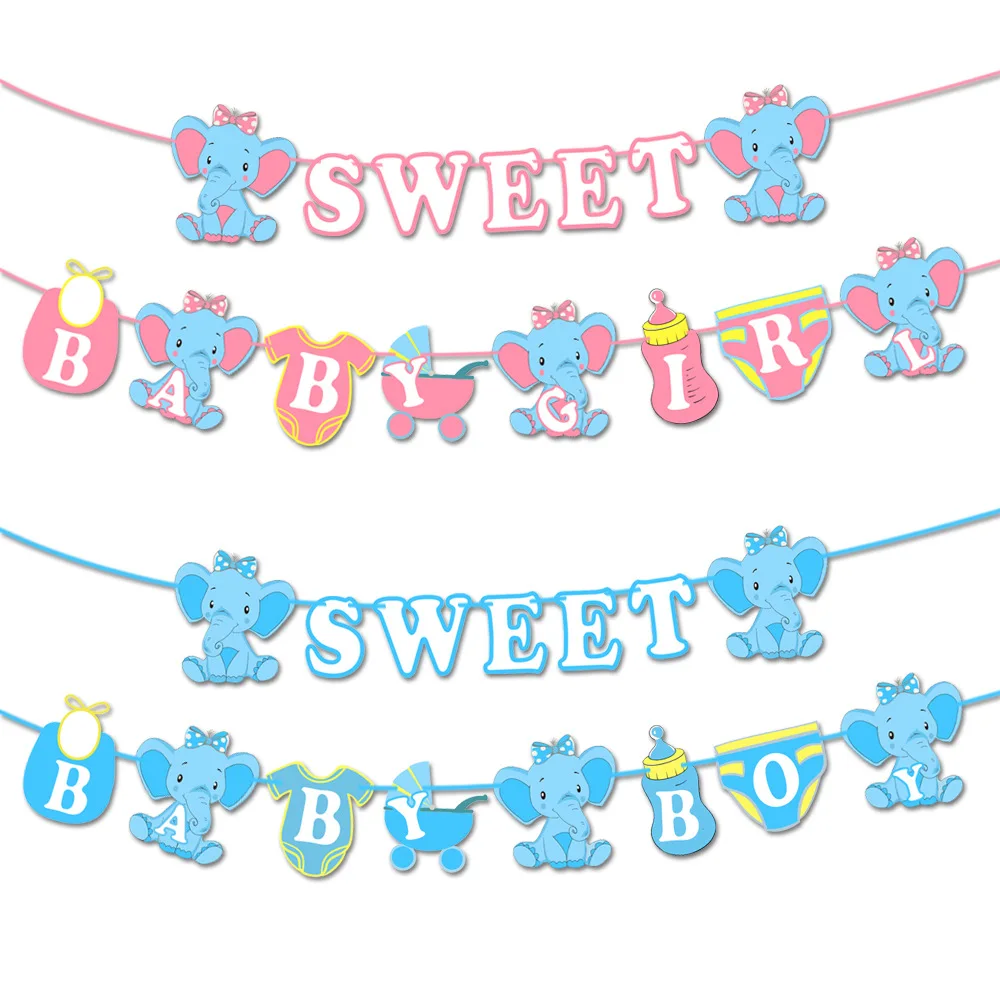 

SURSURPIRSE Elephant Theme Pink Blue SWEET BABY Paper Banner for Gender Reveal Baby Shower Girl Boy 1st Birthday Party Supplies