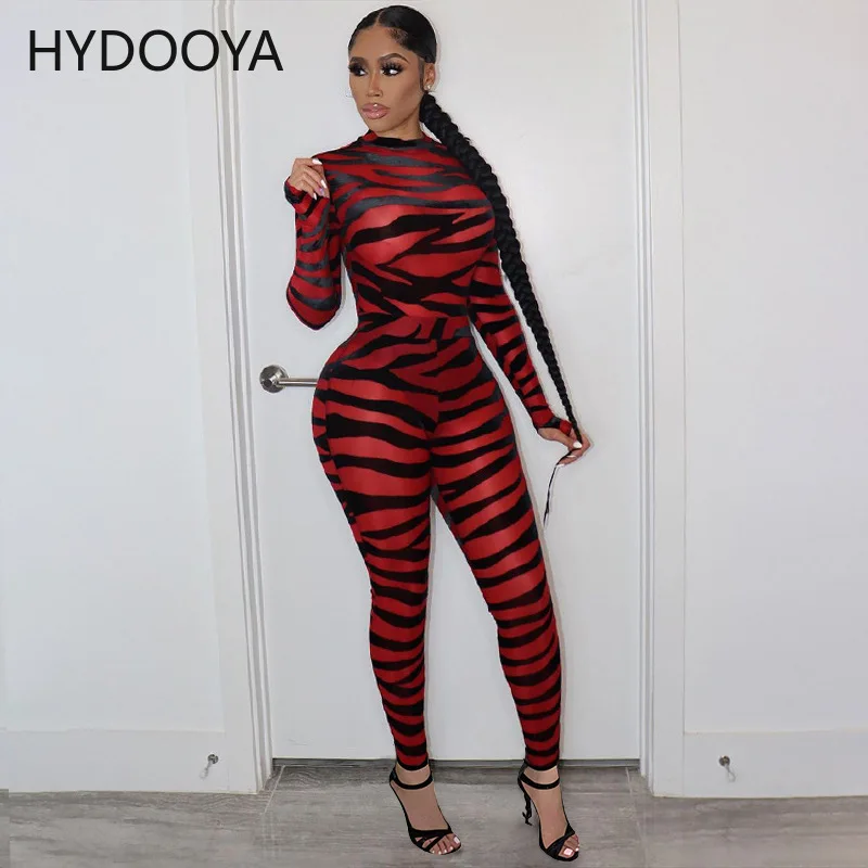 

Streetwear Zebra Striped Skinny Jumpsuit Sexy Club Outfits for Woman Sheer Mesh See Through Overalls Full Sleeve Bodycon Rompers