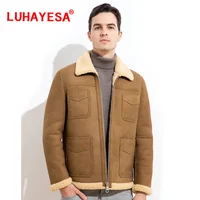 2022 LUHAYESA New Fashion Men Casual Sheepskin Shearling Fur Clothes Brown Slim Formal Businessmen Genuine Leather Suede Coat