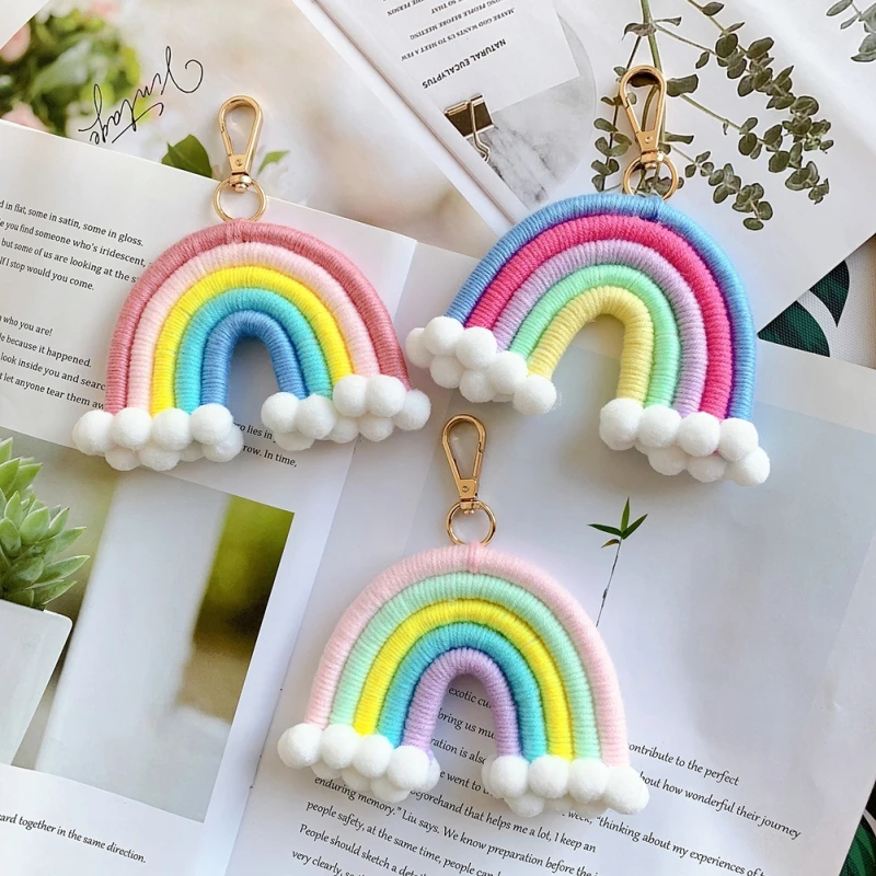 

Boho Handmade Rainbow Decoeation Macrame Weaving Rainbow Keychains Car Rearview Mirror Pendant Auto Interior Accessories