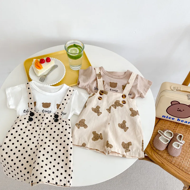 

2022 Summer Baby Clothing Set Toddler Bear Tee And Overalls 2 Pcs Infant Suits Baby Girls Clothes Set Causal Outfits