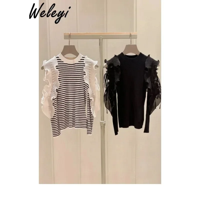 Женский трикотажный топ в японском стиле полоску с круглым вырезом и длинным