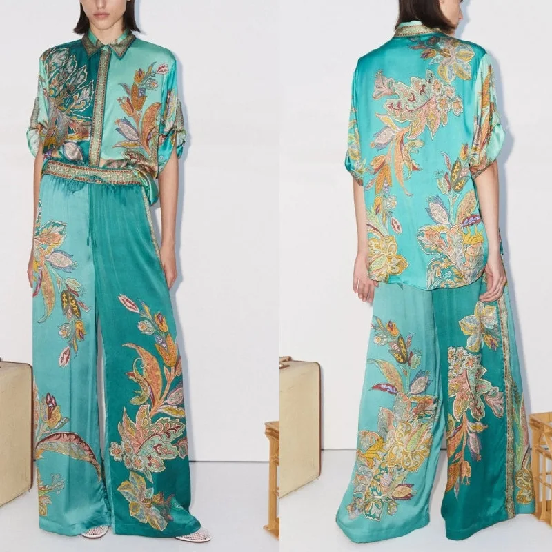 Модный атласный принт повседневный женский отложной воротник винтажные топы с