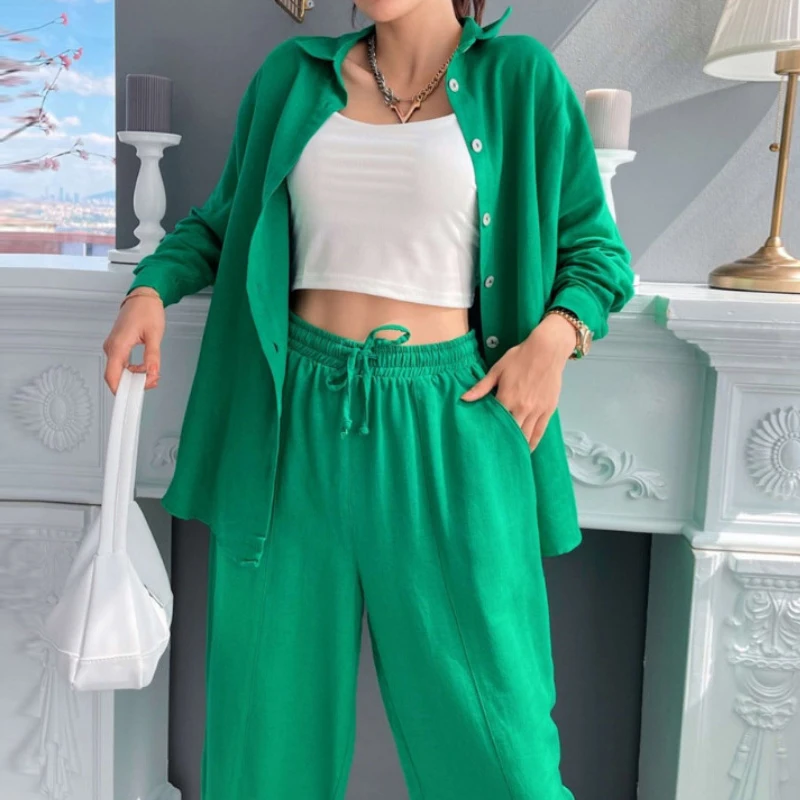 

Женский Повседневный костюм из 2 предметов, свободная рубашка с длинным рукавом, кардиган с лацканами на пуговицах и широкие брюки со шнуров...