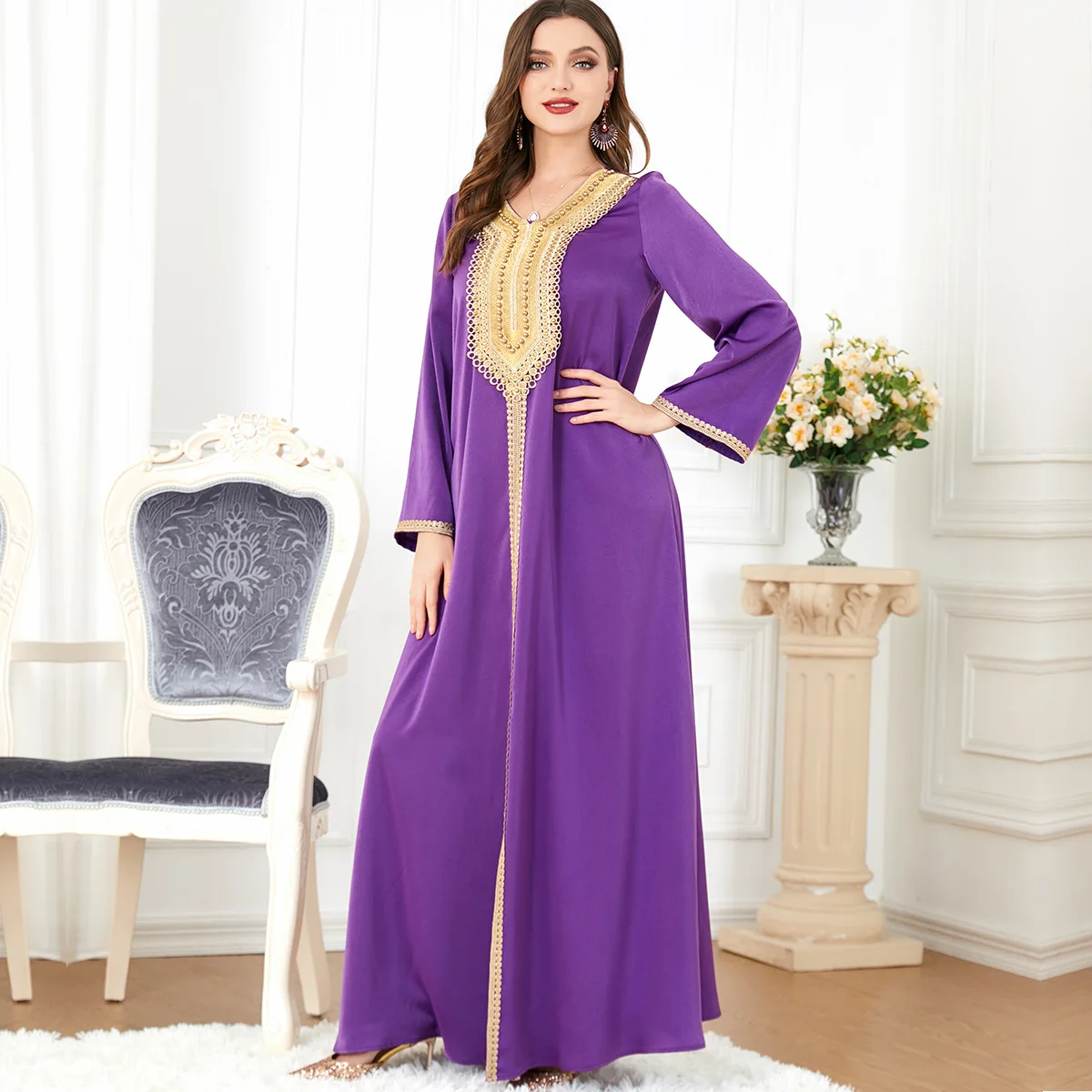 Women Ramadan Muslim Noble Purple Pearl Embroidered Skirt Turkish Indian Abaya Arab Islamic Woman Moroccan Kafutan Gown