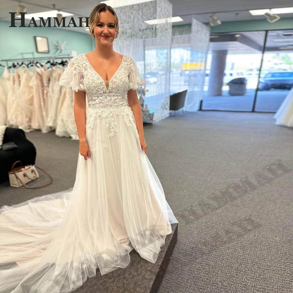 

HAMMAH 2023 Модные свадебные платья для женщин Алин с короткими расклешенными рукавами тюль плиссированный V-образный вырез Vestido De Noiva под заказ