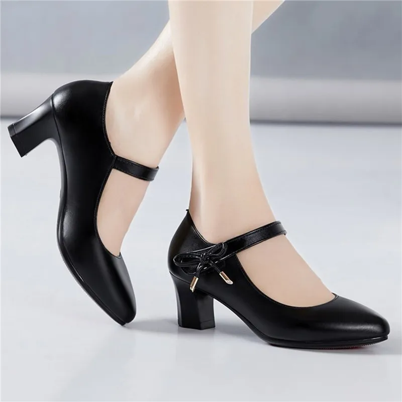 

Thick-Soled Waterproof Platform Shallow High Heels Autumn Single Women Shoes Thick Heel Belt Buckle Elegant Office Lady Shoes
