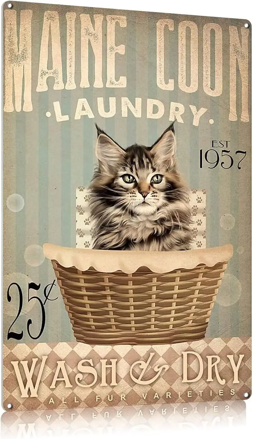 FEBOW Retro Metl Sgn Vntge Ktchen Sgns Wll Decor Mne Coon Wsh Dry Tn Br Decortons rt Плакат 12x16 nches