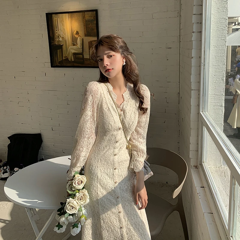 

Elegant Lace Long Sleeve Midi Dress Winter White Women V-neck Korean Dress Spring One-piece Evening Lady Party Fairy Dress 2021