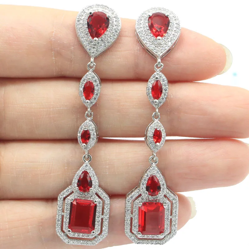 

64x14mm Stunning 10.3g Red Blood Ruby London Blue Topaz White CZ Women Engagement Silver Earrings