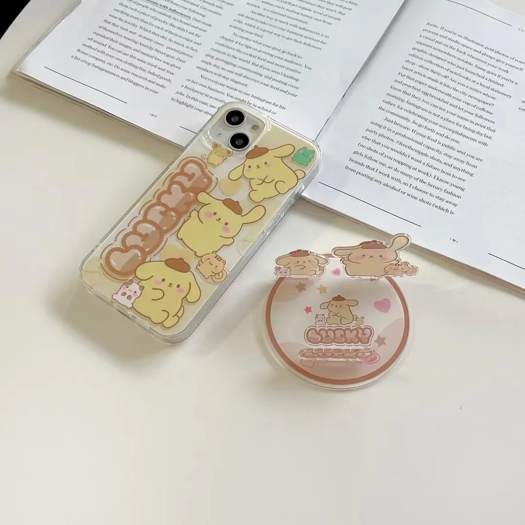 

Cute Sanrio Pom pom Purin With a bracket cartoon Phone Cases For iPhone 14 13 12 11 Pro Max Back Cover