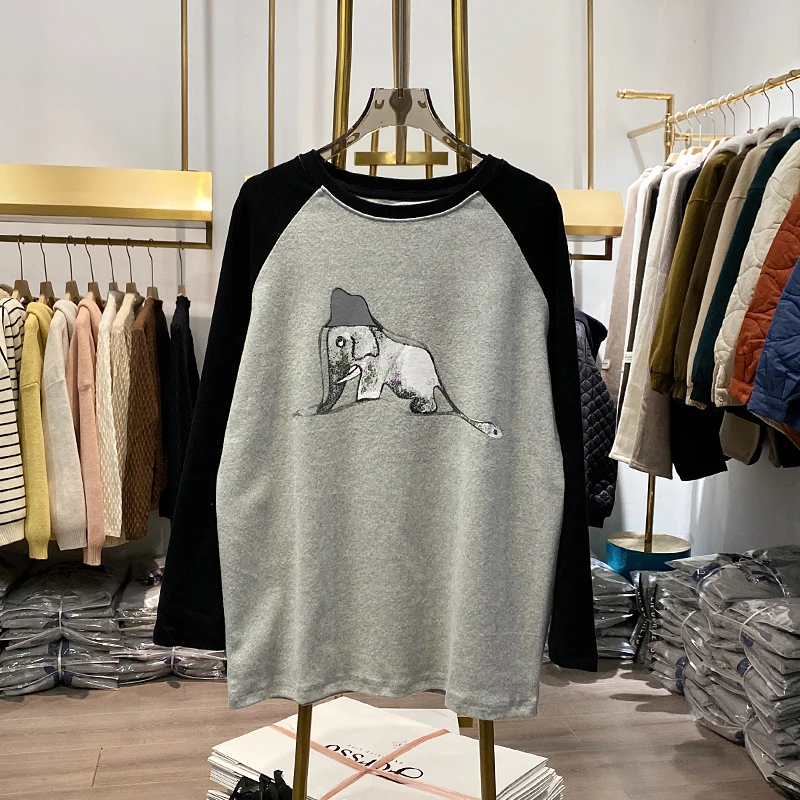 

【Live Shot】new Autumn Winter Colorblock Cartoon Printed Long Sleeve T-shirt All-match Loose O-neck Casual Brushed Basic Top