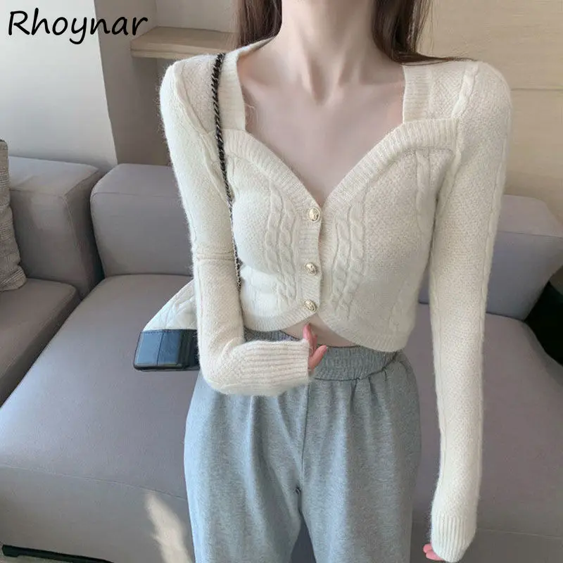 

Cardigan Women Solid Knitted Cozy V-neck All-match Female Autumn Stretchy Korean Style Fashion Single Breasted Cropped Sweater
