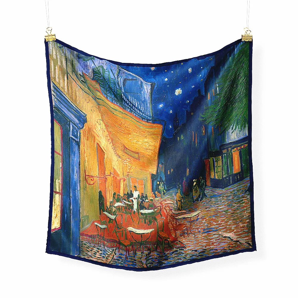 

Женский шелковый шарф из твила с рисунком Ван Гога, кофейного цвета, квадратные шарфы, бандана, маленький хиджаб, Шелковый шейный платок 53 см