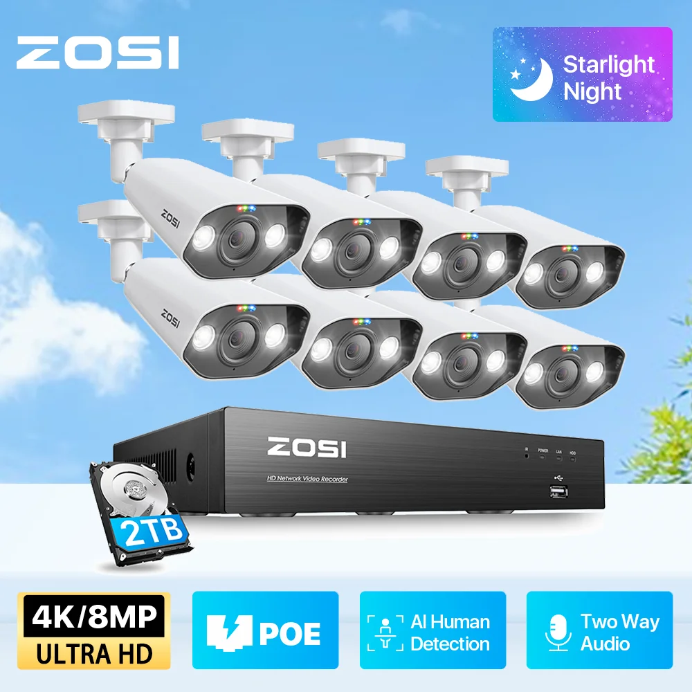 ZOSI 8CH POE Video Surveillance Kit 4K 8MP 5MP Super HD Outd
