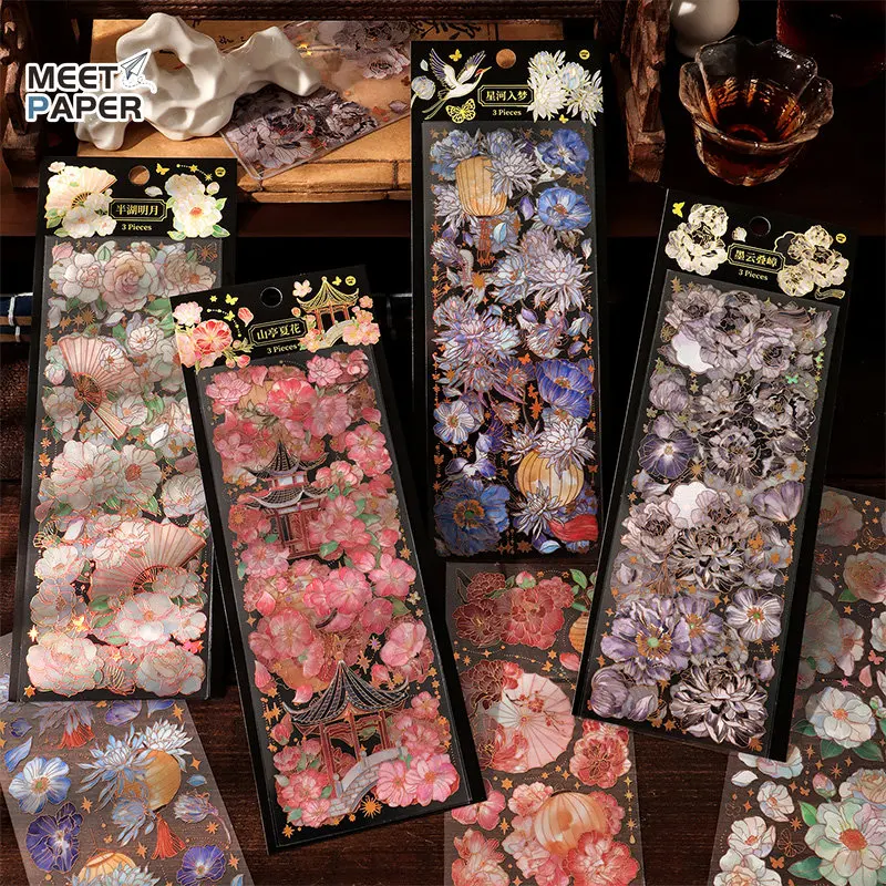 

3 Sheets Flower Vintage Stickers for Decoration PET Three-dimensional Gilding Scrapbooking Supplies Journal Planner Stationery