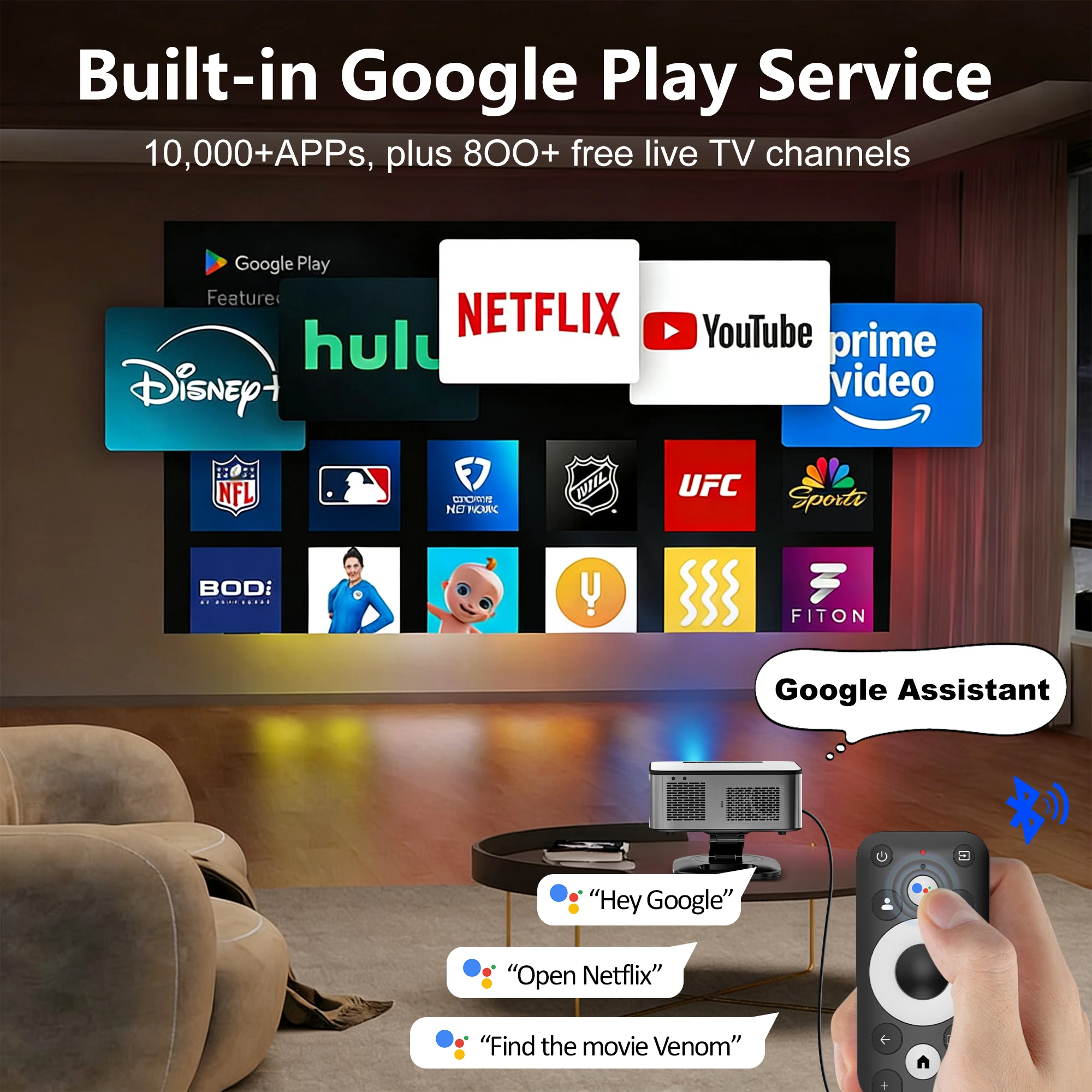 Фото Проектор HORLAT Google TV 2026, 3000 ANSI люмен, Full HD 1080P, автофокус, WiFi 6, поддержка 3D и 4K, для умного домашнего кинотеатра, Dolby №2