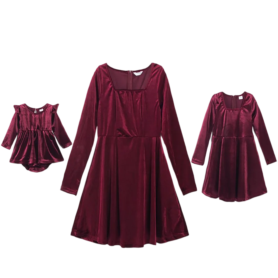 Europe America Style Family Matching Outfits Mother-daughter Dress Wine Red Gold Velvet Dresses Newborn Baby Bodysuits Onesies