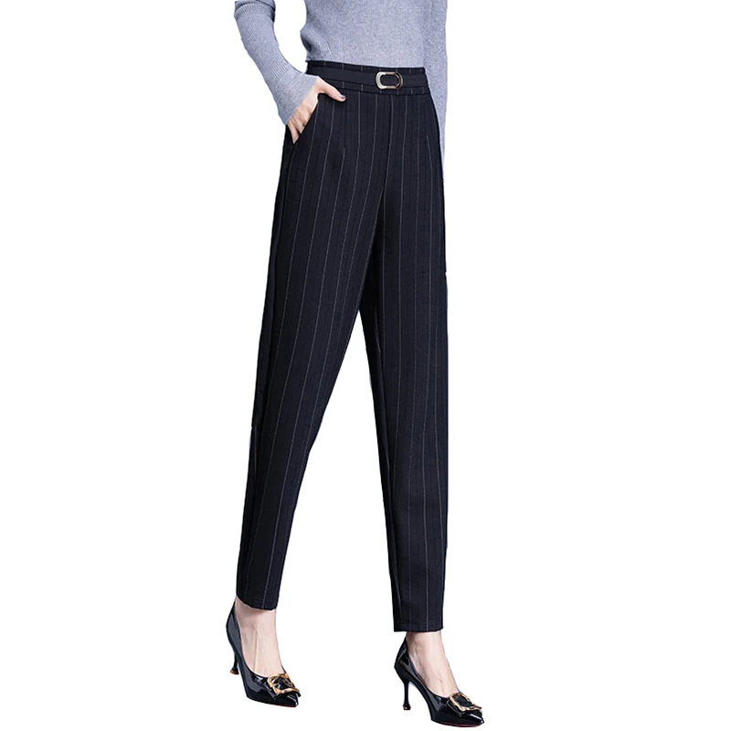 

Ladies Harem Pants Stretch Knit Quality Fashion Stripe Styles with Bukle Blet Trousers for Women Casual Wear Ankle Length
