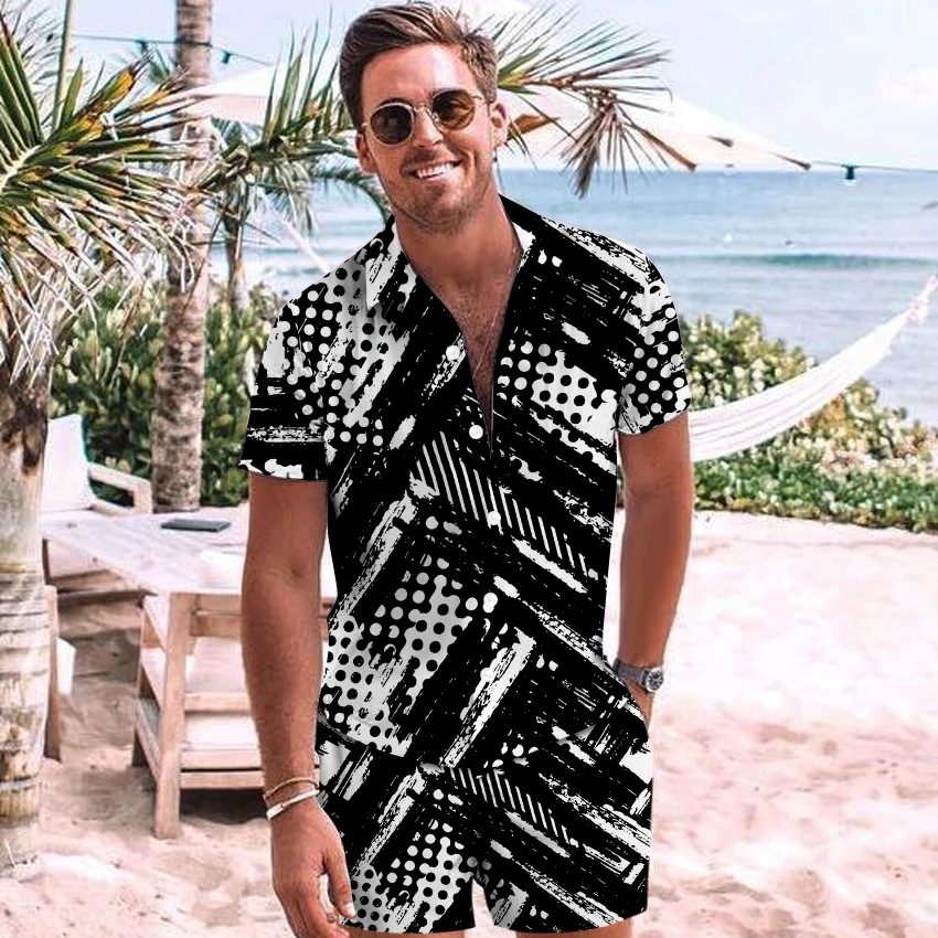 

New Hawaiian Shirt Sets Summer Camisas Turn-Down Collar Casual Short Sleeve Shorts Shirts Suit Travel Chemise Homme Men Clothing