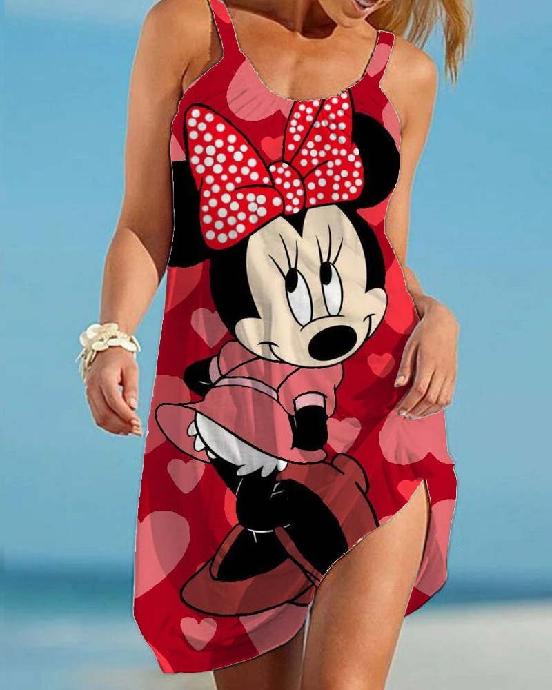Summer Disney Minnie Mickey Mouse Women Sexy Beach Dresses 3D Tie Dye Rainbow Suspenders Vintage Beachwear Fashion Party Dress