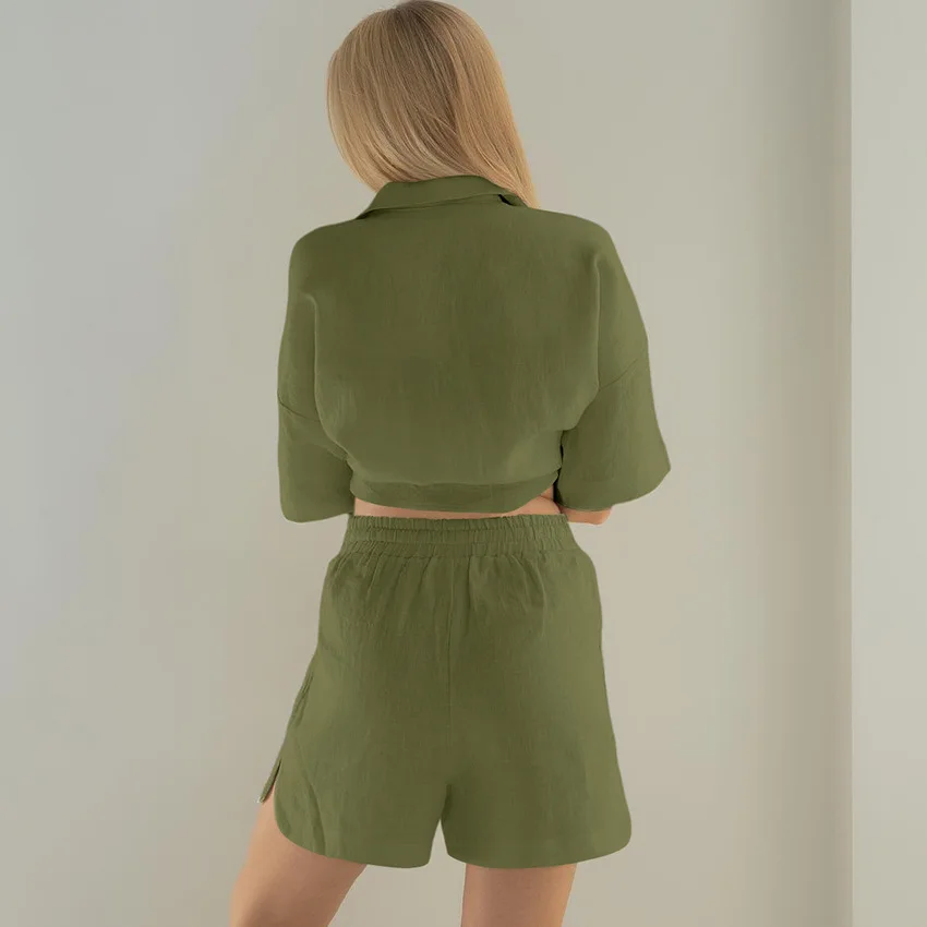 Casual Home Clothes For Women 2 Piece Set Cotton Short Sleeve Turn Down Collar Tops Female Shorts Autumn Nightwear 2022