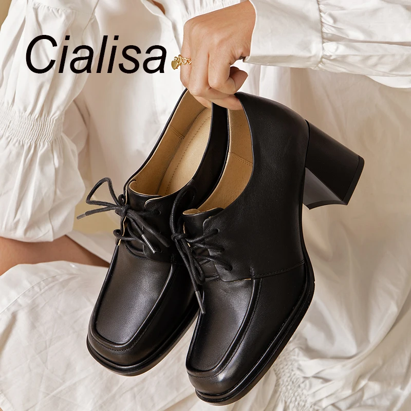 

Туфли-лодочки женские из натуральной кожи с квадратным носком и перекрестной шнуровкой, Размеры 33-40