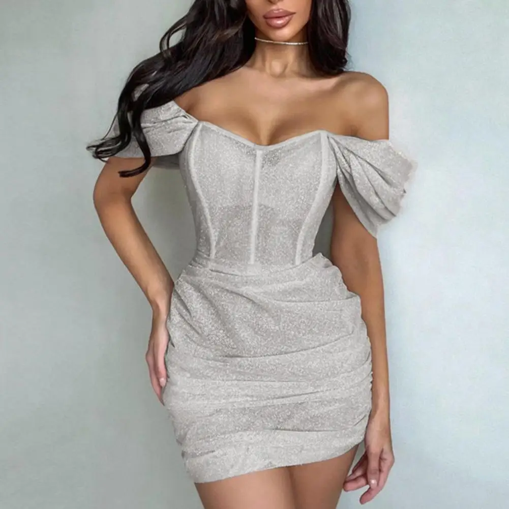 

Stretchy Popular Sexy Women Glitter Ruched Short Mini Dress Breathable Mini Dress Sheath Off Shoulder Female Clothing